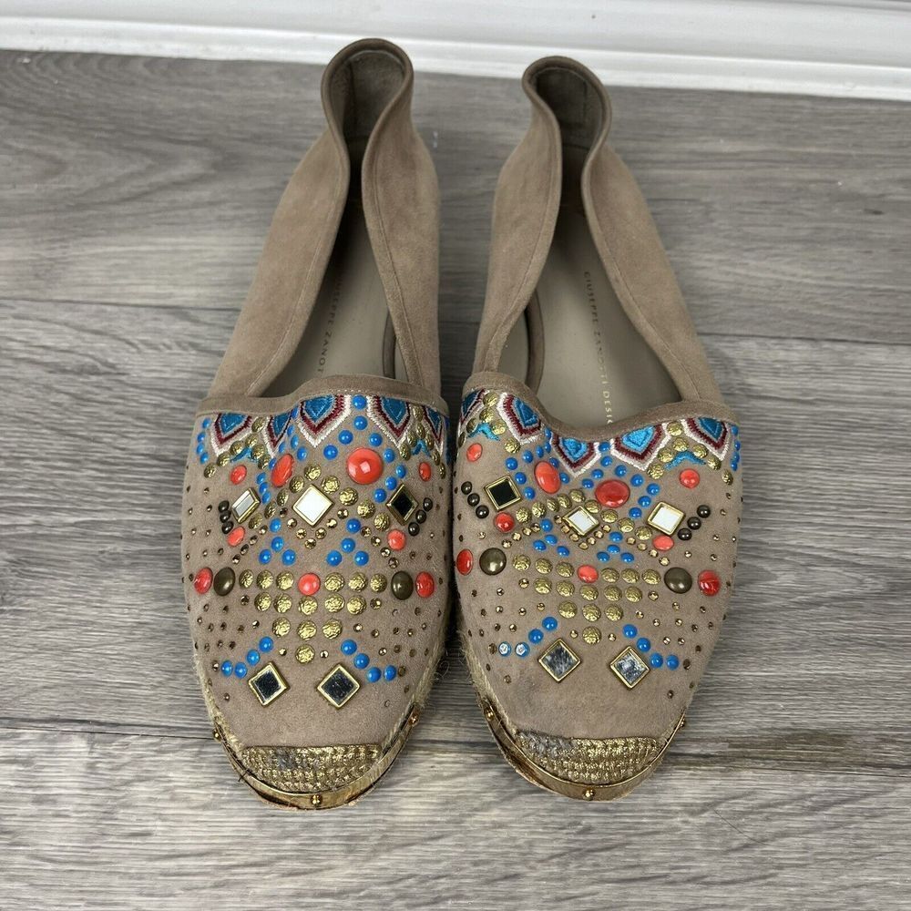 Giuseppe Zanotti Espadrilles Tan Beige Suede leather Jewel Multi Color 38